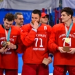 GANGNEUNG, SOUTH KOREA - FEBRUARY 25: Olympic Athletes from Russia's Bogdan Kiselevich #55, Ilya Kovalchuk #71 and Nikolai Prokhorkin #74 enjoy their gold medals after defeating Team Germany during gold medal round action at the PyeongChang 2018 Olympic Winter Games. (Photo by Matt Zambonin/HHOF-IIHF Images)

